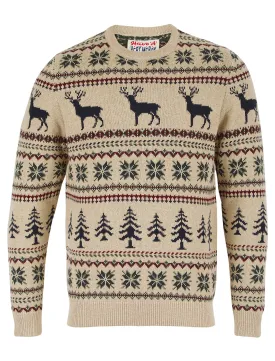 Men's Stag Jacquard Nordic Fair Isle Knitted Christmas Jumper in Biscuit Twist - Merry Christmas