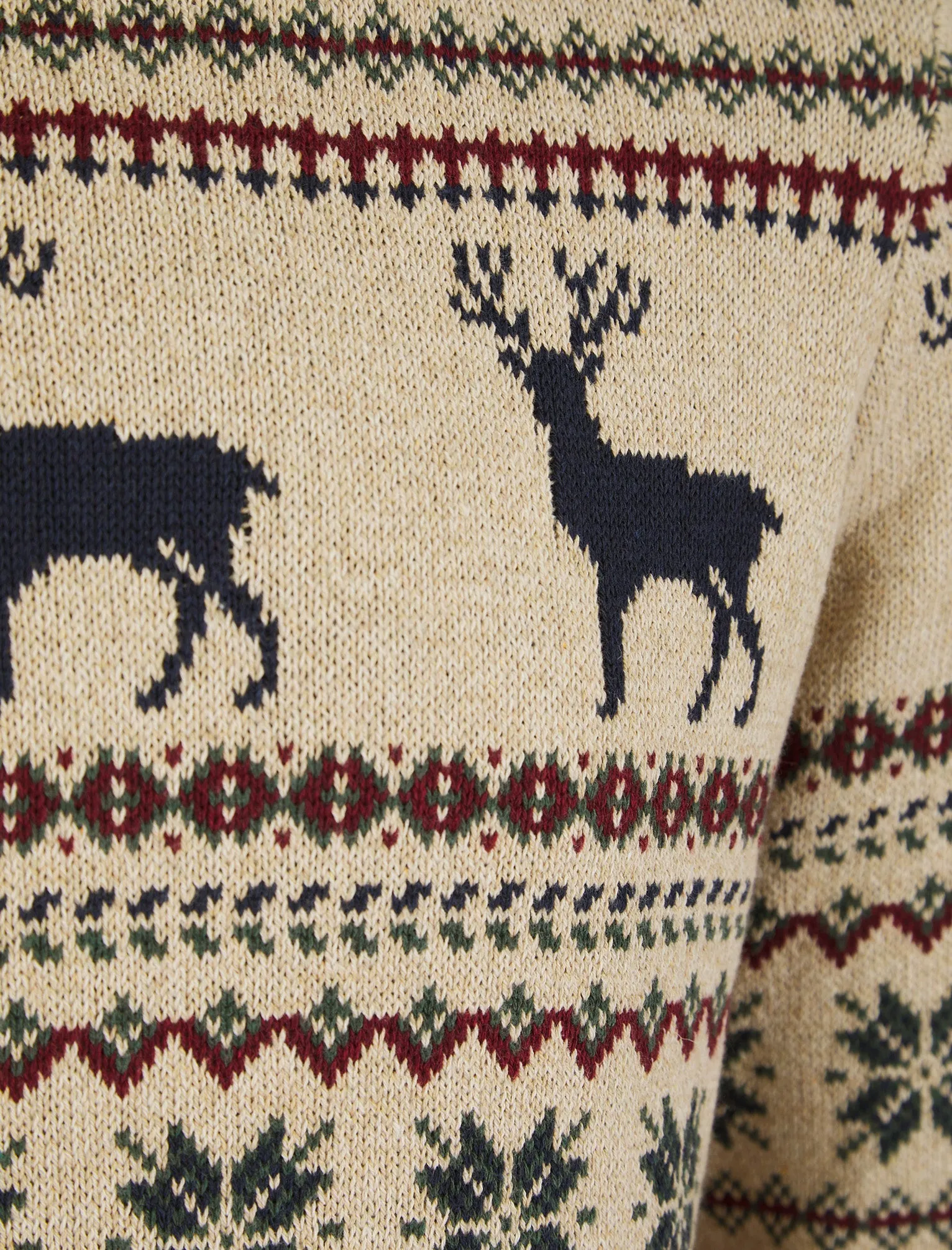 Men's Stag Jacquard Nordic Fair Isle Knitted Christmas Jumper in Biscuit Twist - Merry Christmas