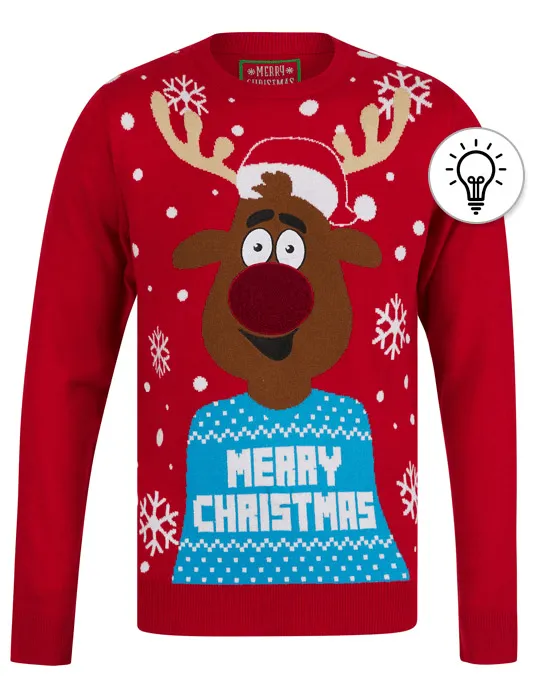 Men's Xmas Rudolph Motif LED Light Up Novelty Knitted Christmas Jumper in George Red - Merry Christmas