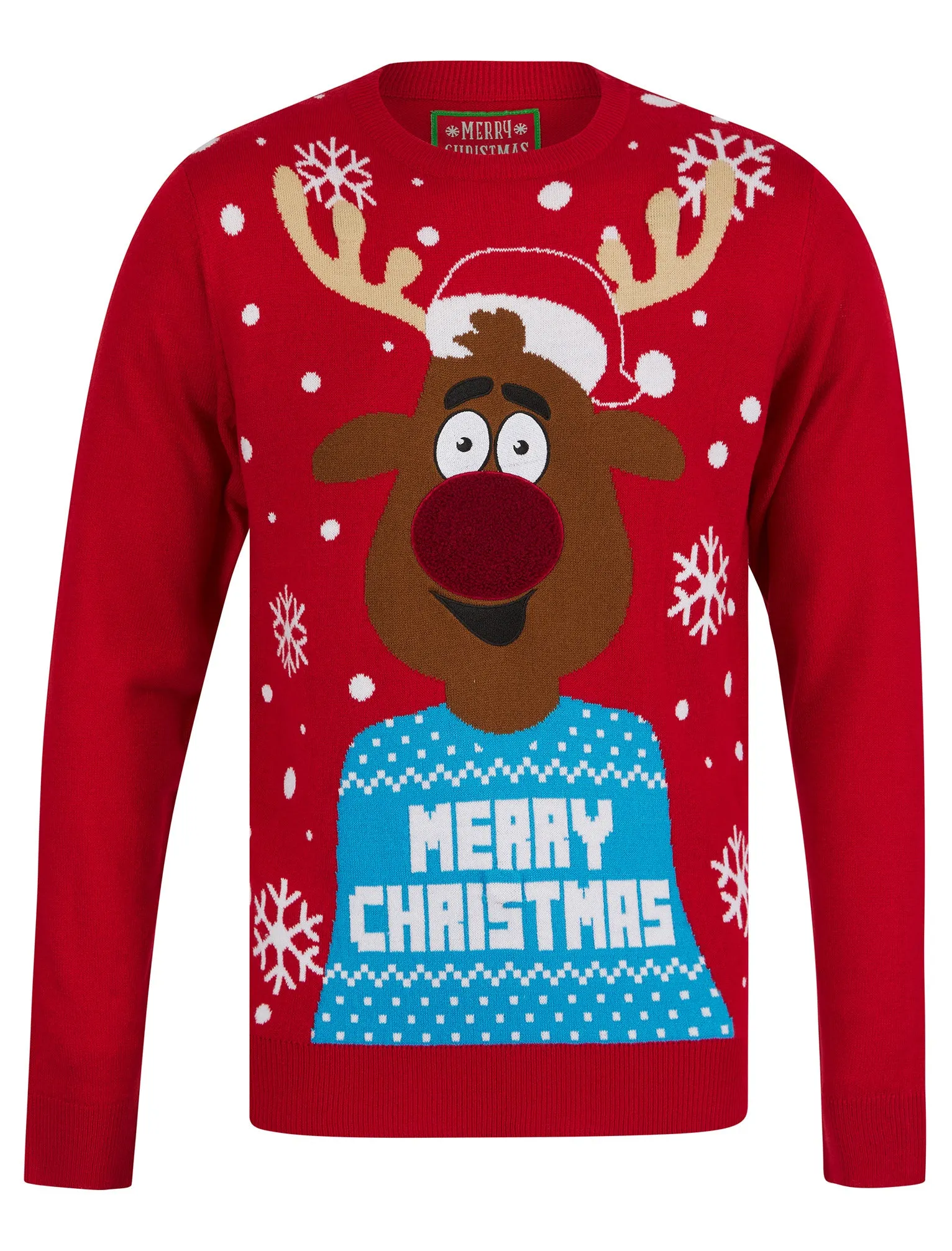 Men's Xmas Rudolph Motif LED Light Up Novelty Knitted Christmas Jumper in George Red - Merry Christmas