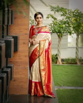 Most Stunning Beige Soft Silk Saree With Girlish Blouse Piece