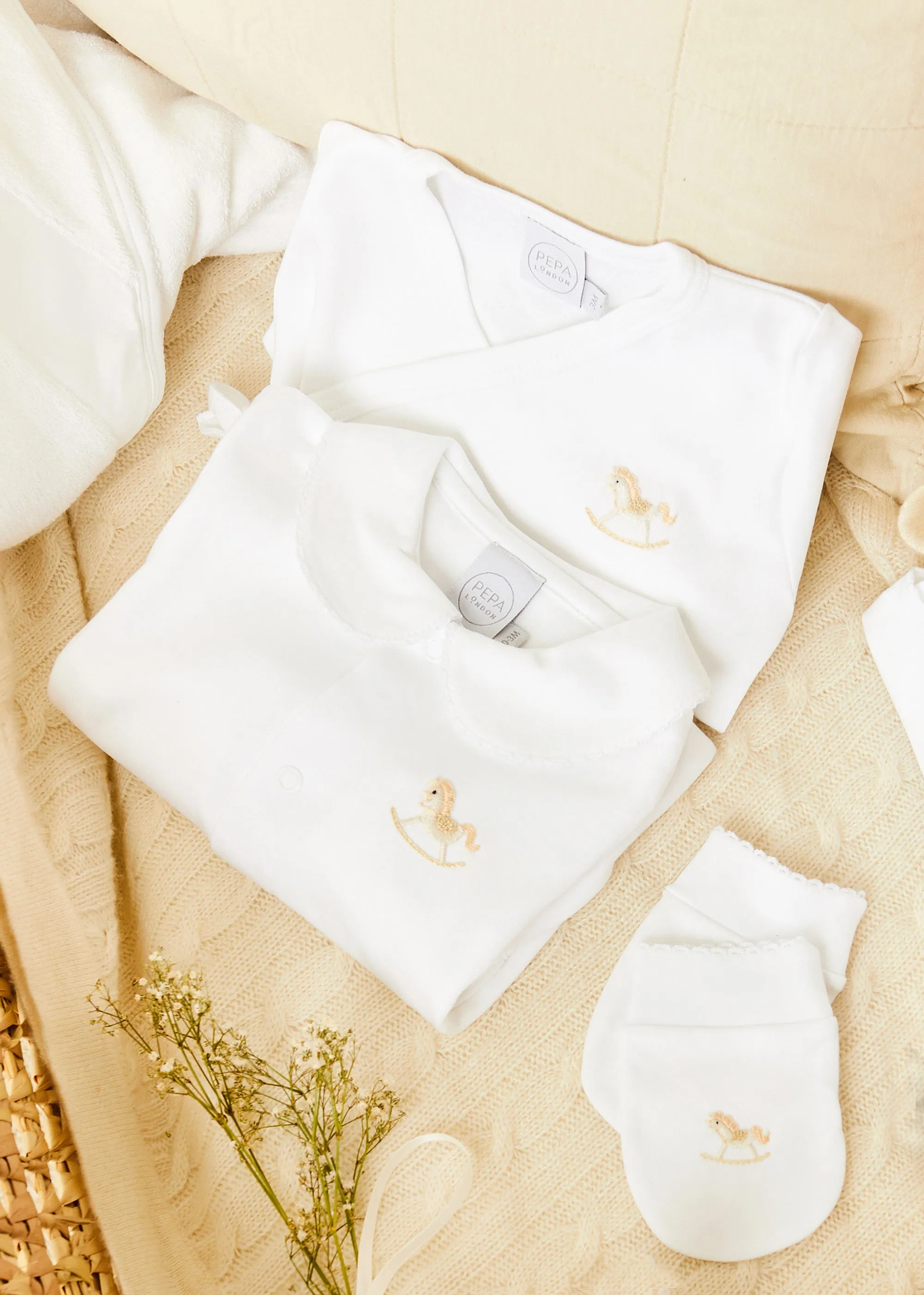 Newborn Side Tie Bodysuit With Rocking Horse Embroidery Beige (1-6mths)