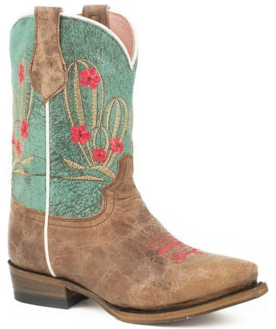 Roper Girls Cactus Cutie Burnished Brown/Turquoise Cowgirl Snip Toe Boots Style 09-018-7622-1435