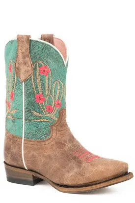 Roper Girls Cactus Cutie Burnished Brown/Turquoise Cowgirl Snip Toe Boots Style 09-018-7622-1435