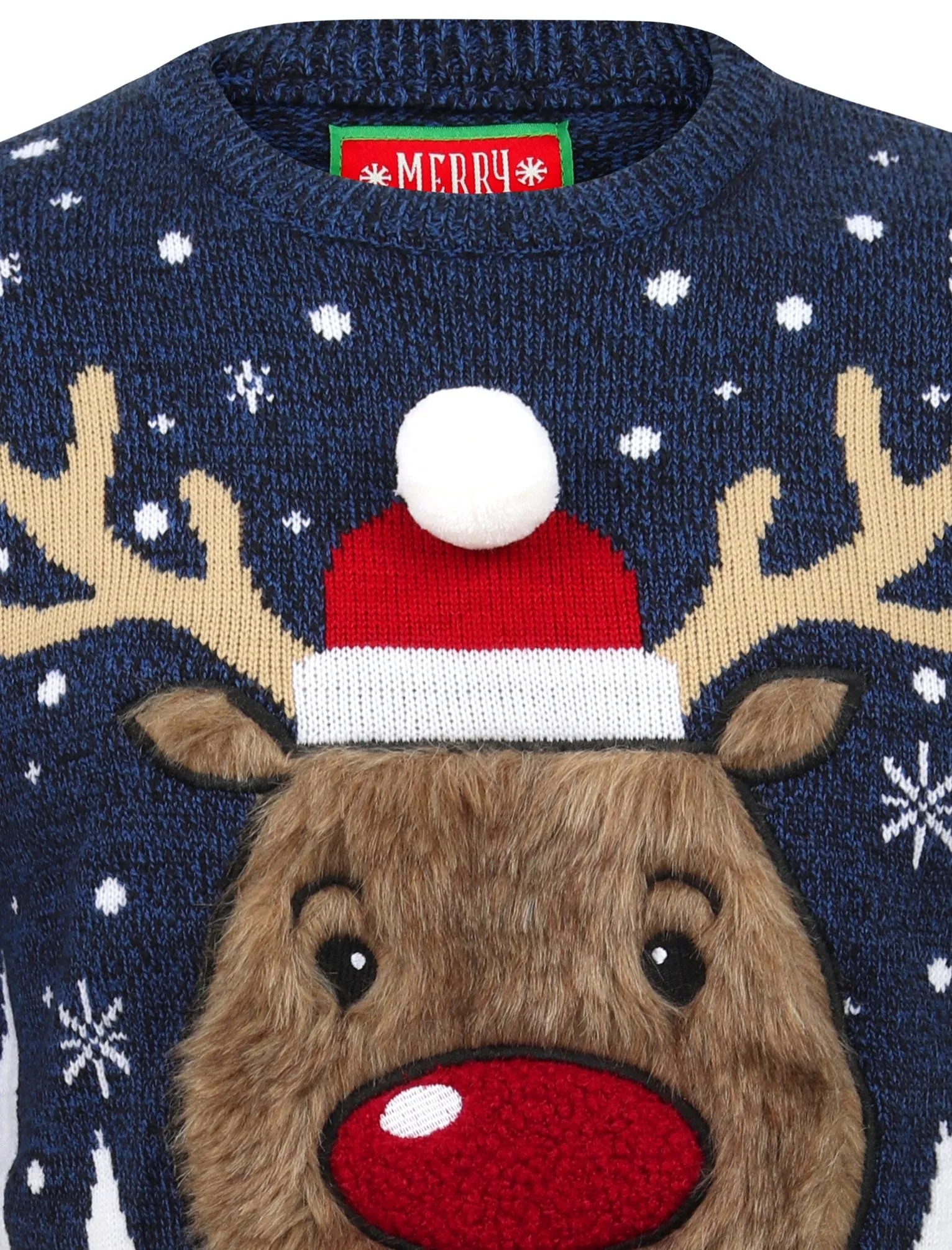 Rudolph Jumper Novelty Christmas Jumper with Faux Fur Applique in Sapphire Twist - Merry Christmas