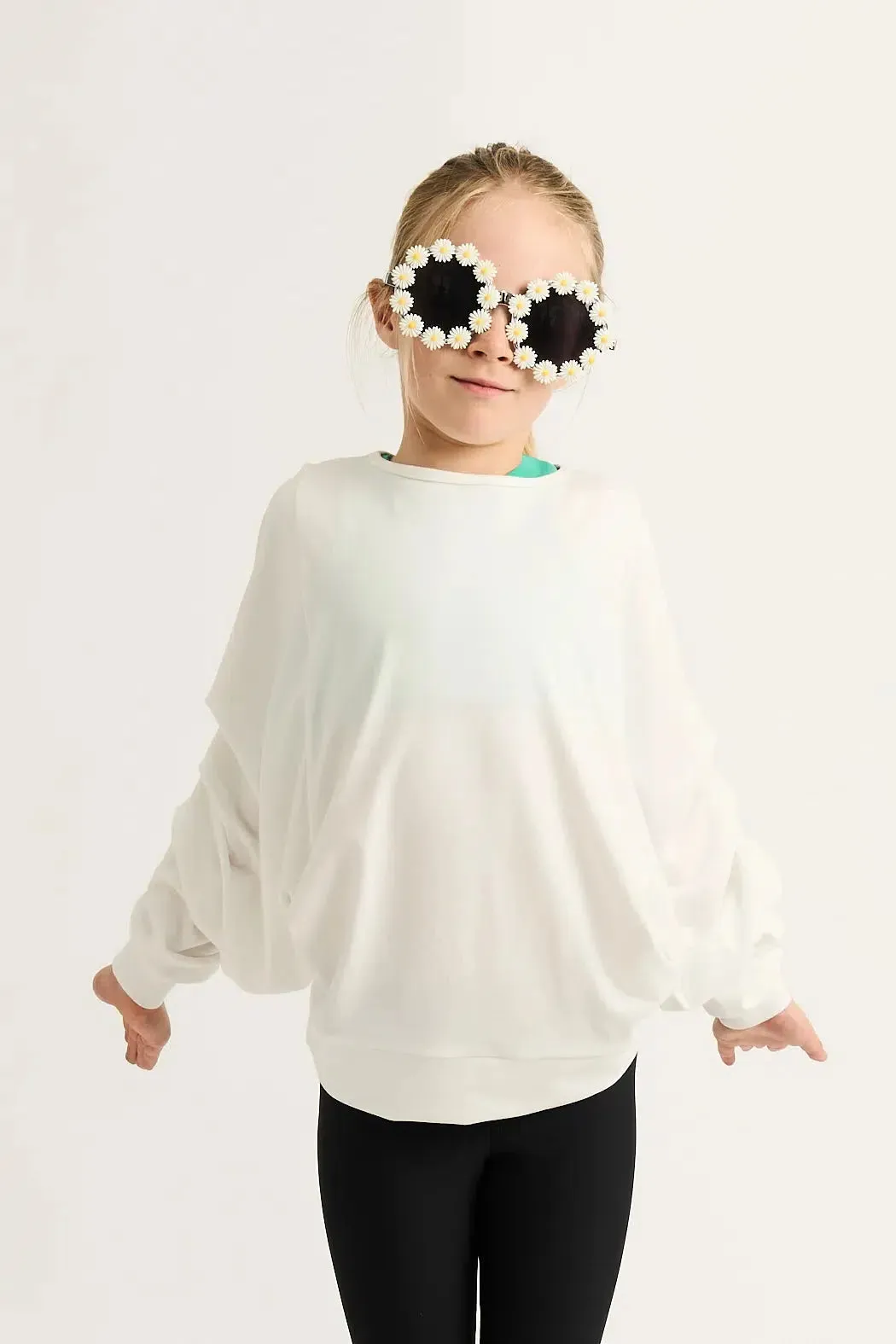 Soft To Touch Kids Batwing Cinched Sleeve Sweater - White