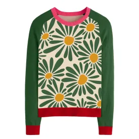 Women's green sunflower knit sweater