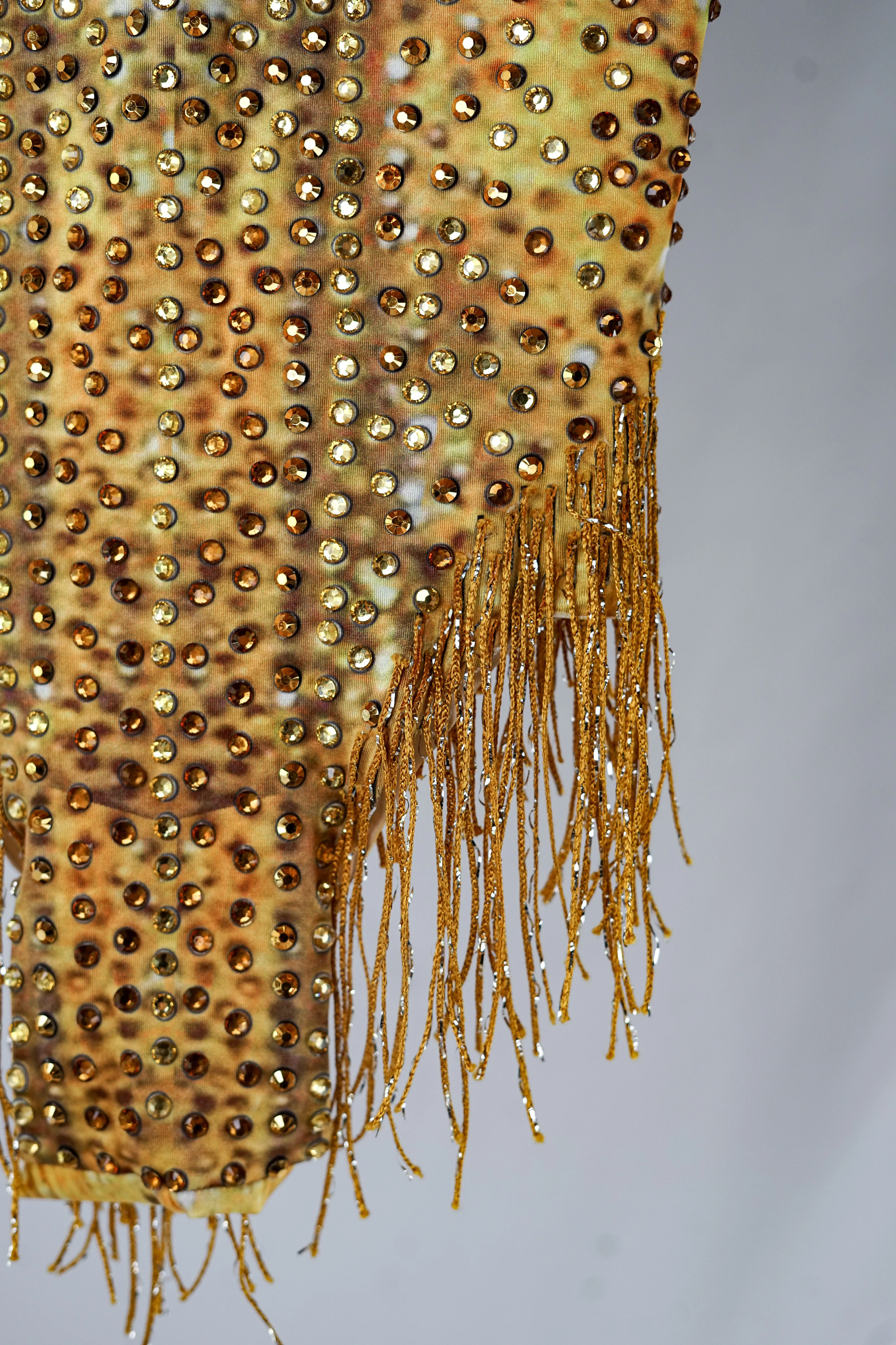 Yellow and Gold Beige Bodycon Bodysuit with Gold Crystals and Fringe