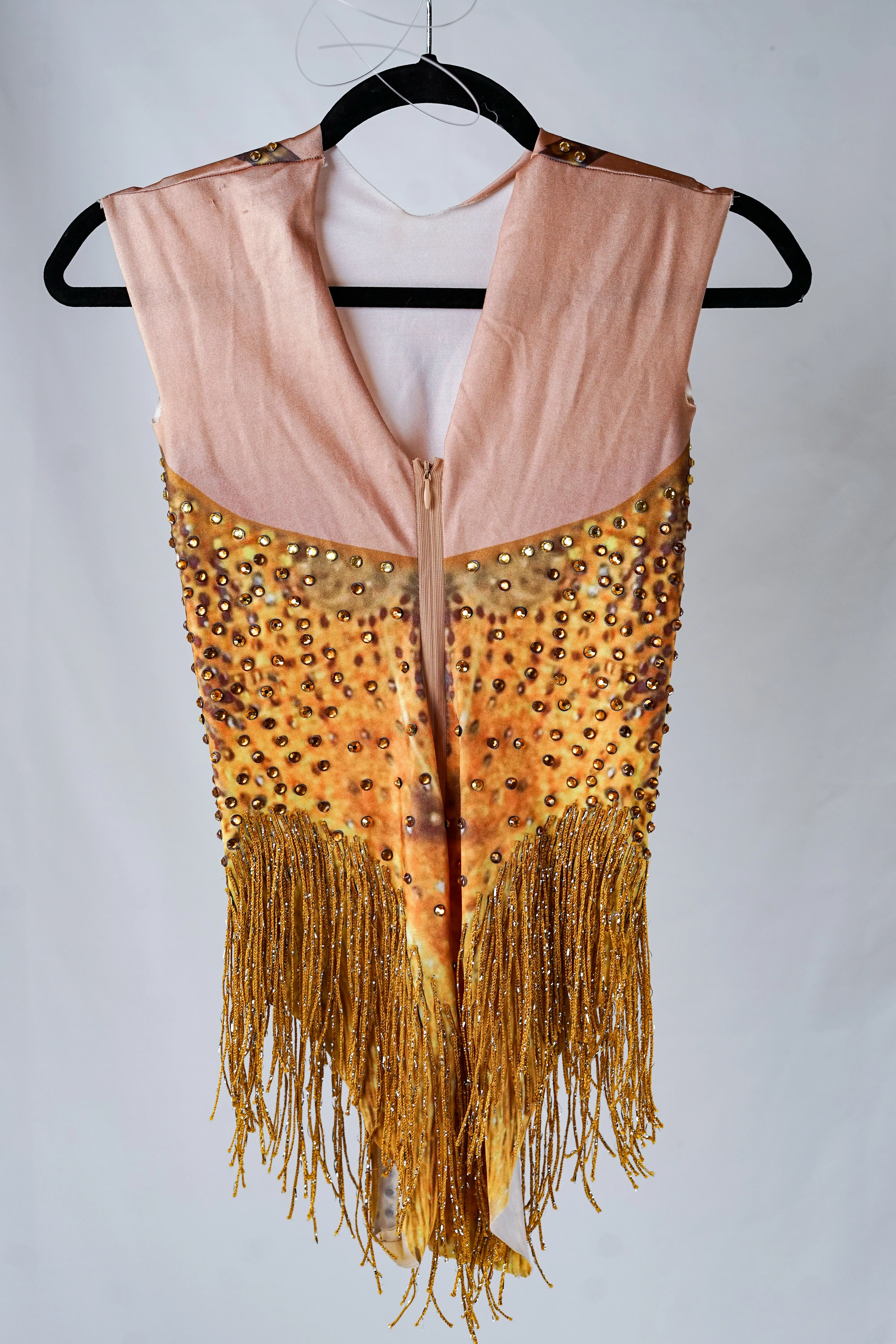 Yellow and Gold Beige Bodycon Bodysuit with Gold Crystals and Fringe